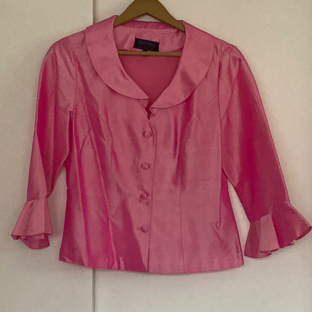 VTG Deadstock Thai Art Silk 100% Button Down Blazer 3/4 Flutter Bell Sleeve M